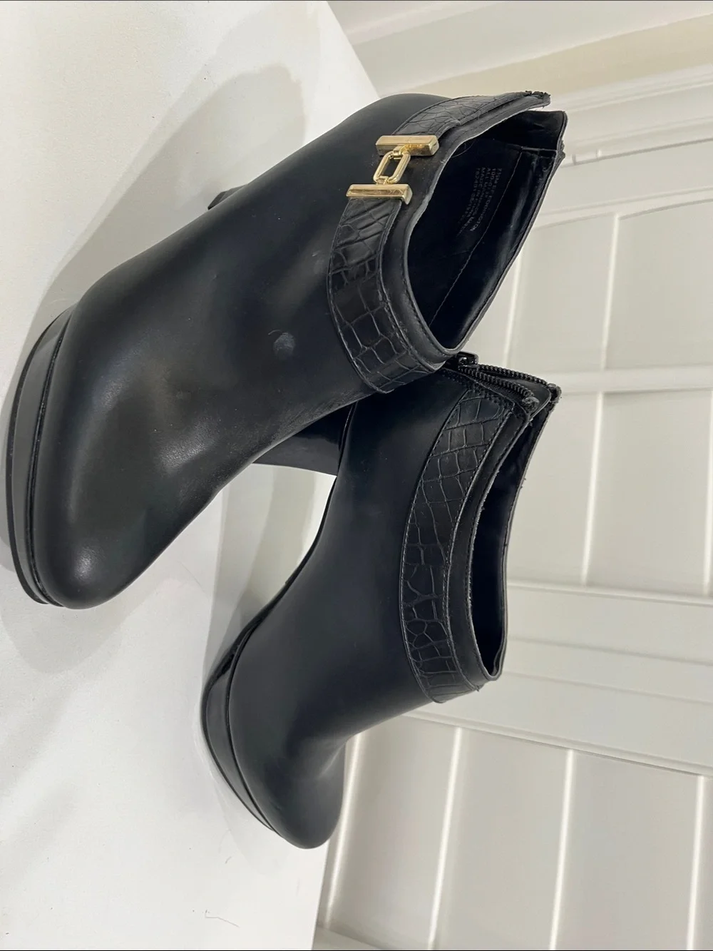 East 5th Black Croc-Trim Ankle Booties with Gold Hardware